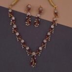 Handmade Brass Ruby Leaf Motif CZ Necklace Set - Anti-Tarnish