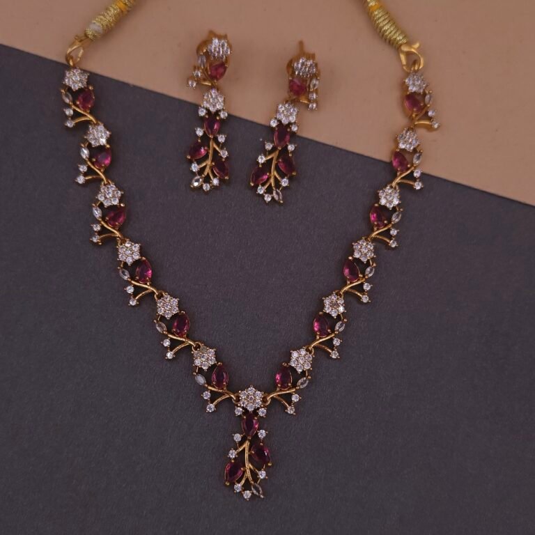 Handmade Brass Ruby Leaf Motif CZ Necklace Set - Anti-Tarnish