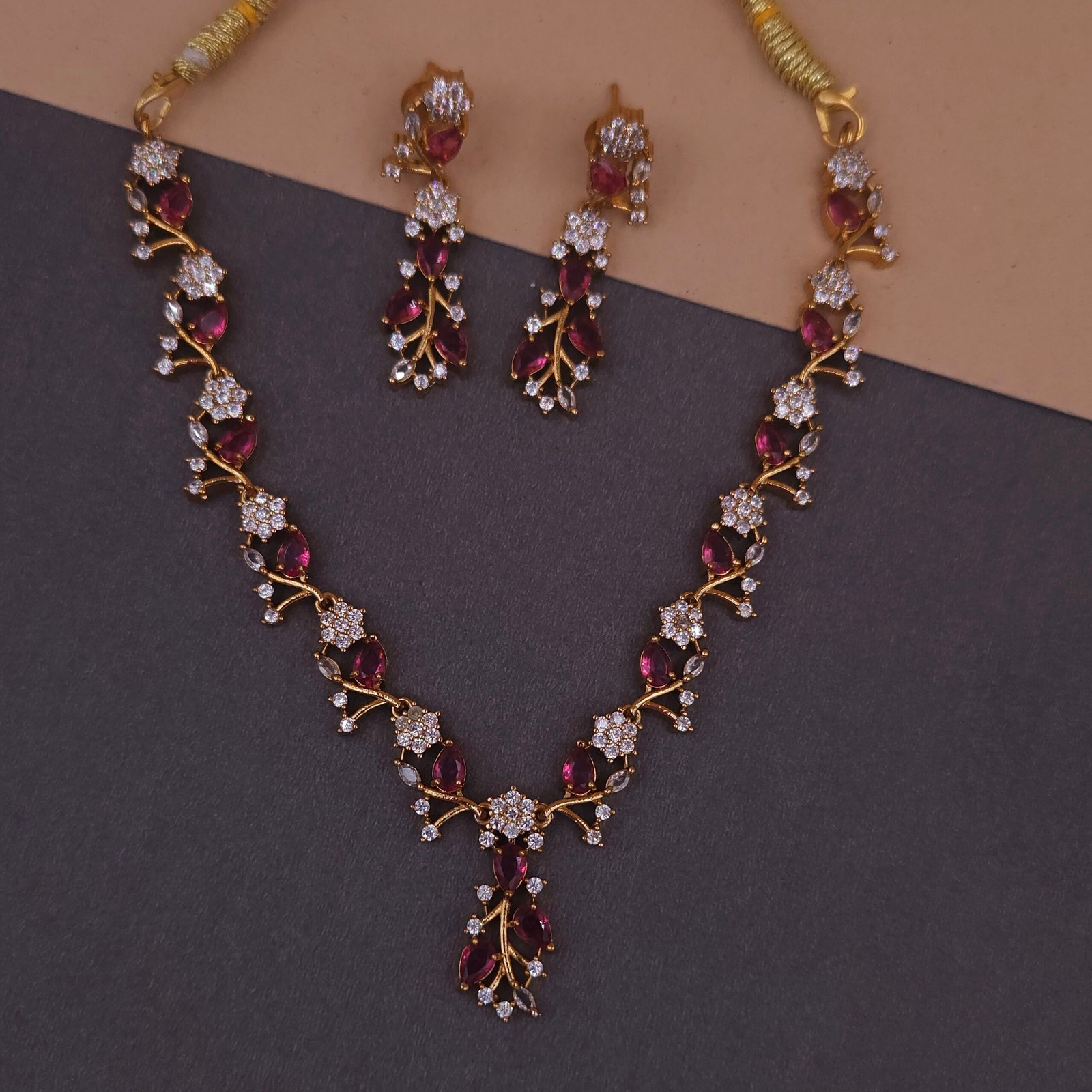 Handmade Brass Ruby Leaf Motif CZ Necklace Set - Anti-Tarnish Handmade Brass Ruby Leaf Motif CZ Necklace Set - Anti-Tarnish