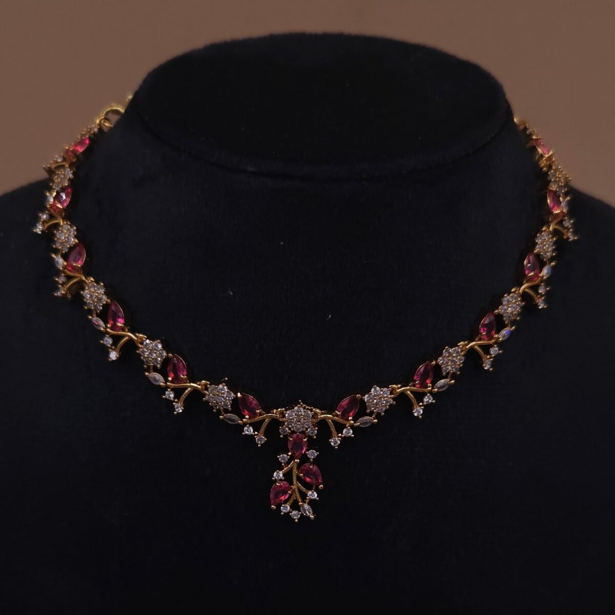 Handmade Brass Ruby Leaf Motif CZ Necklace Set - Anti-Tarnish