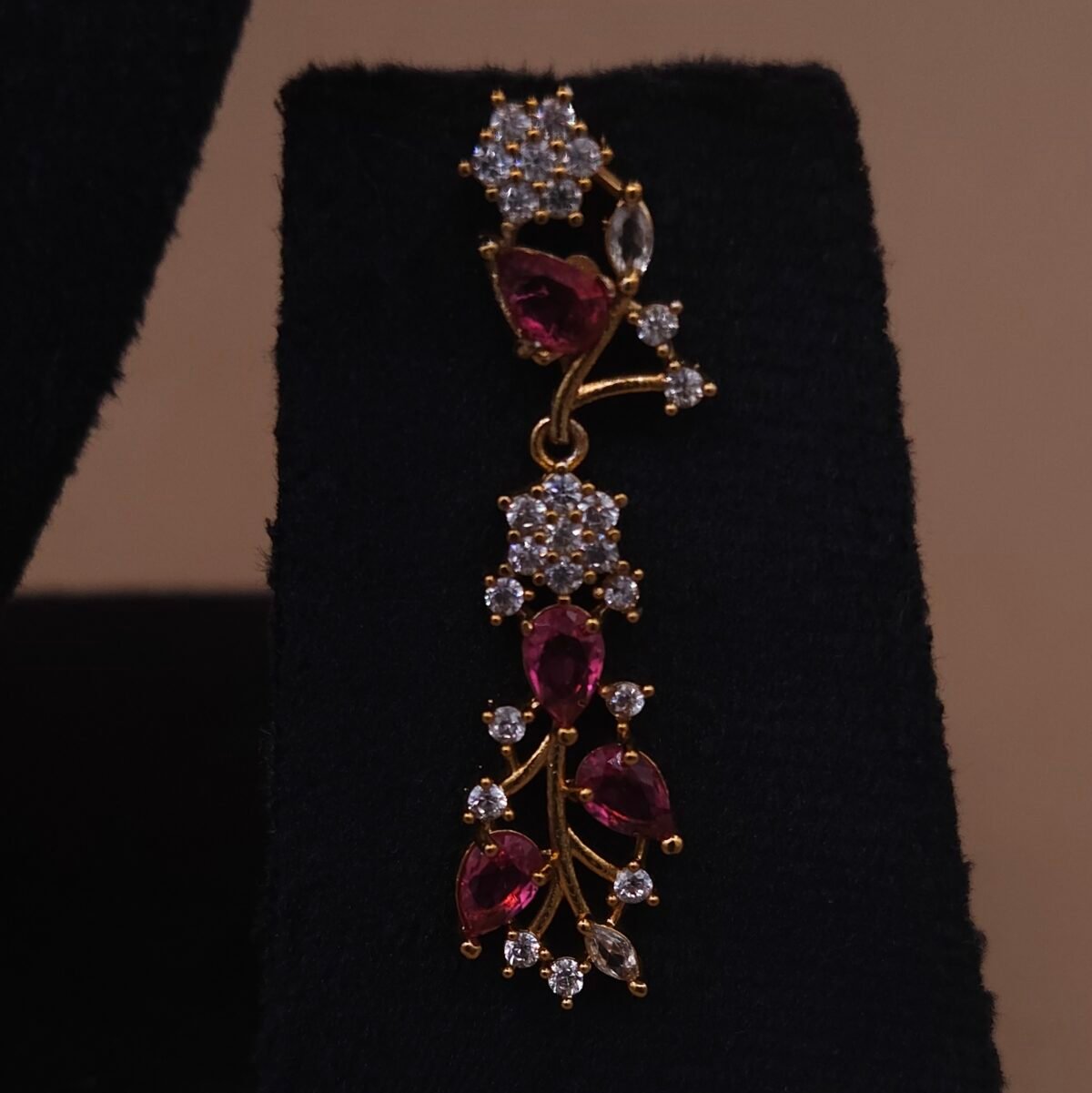 Handmade Brass Ruby Leaf Motif CZ Necklace Set - Anti-Tarnish