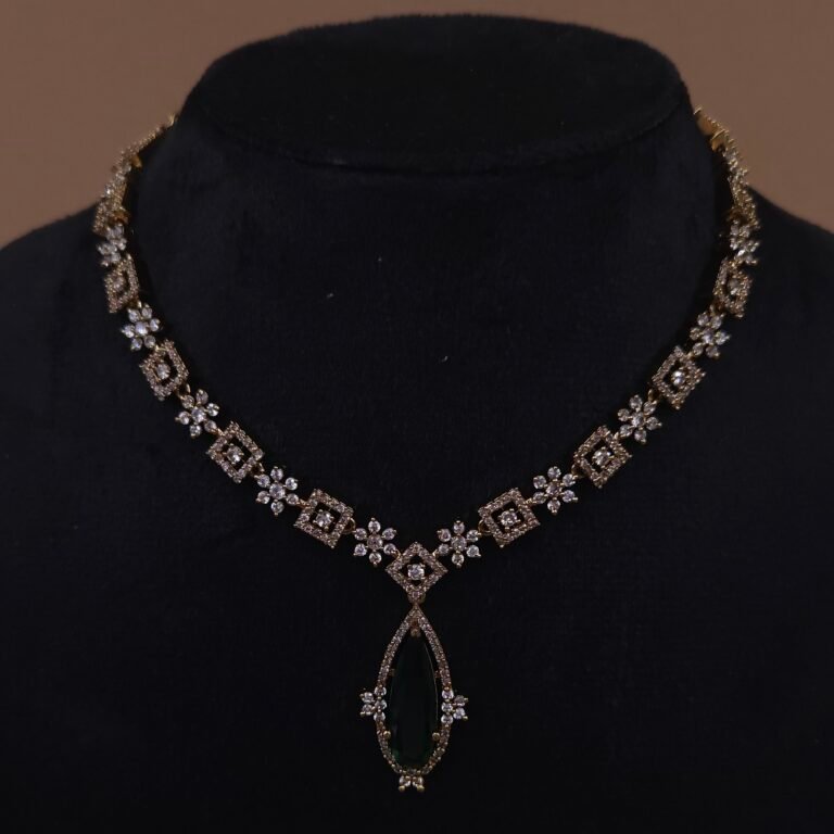 Handmade Brass Green CZ Teardrop Motif Necklace Set - Anti-Tarnish