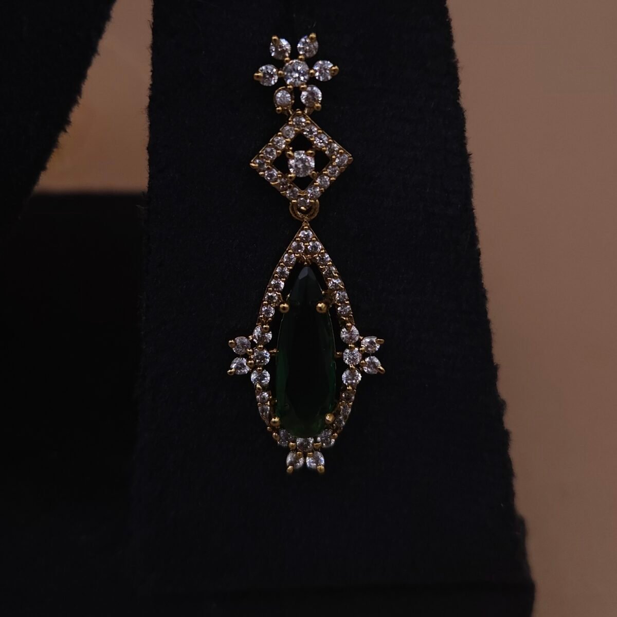 Handmade Brass Green CZ Teardrop Motif Necklace Set - Anti-Tarnish