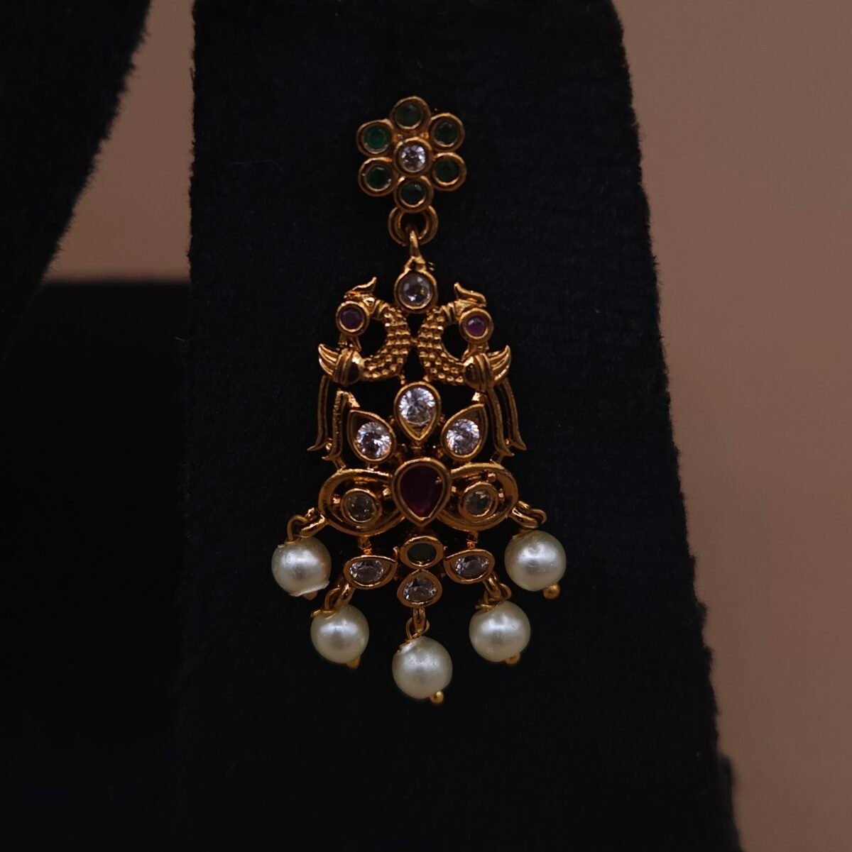 Handmade Brass Antique Ruby Pearl Motif Necklace Set - Anti-Tarnish