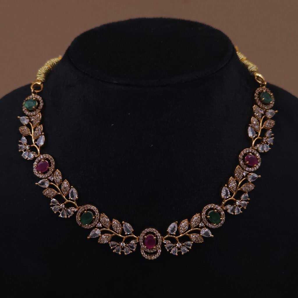 Handmade Brass Ruby Emerald Leaf Motif Necklace Set - Anti-Tarnish