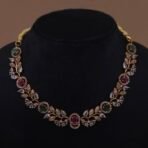 Handmade Brass Ruby Emerald Leaf Motif Necklace Set - Anti-Tarnish