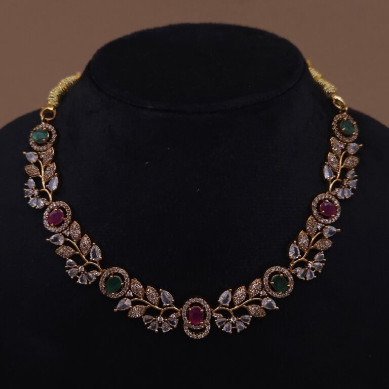 Handmade Brass Ruby Emerald Leaf Motif Necklace Set - Anti-Tarnish