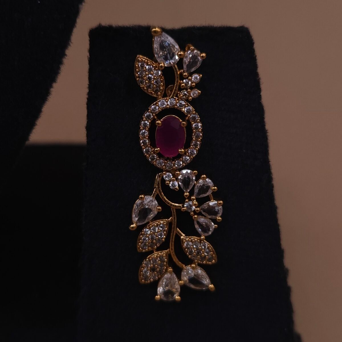 Handmade Brass Ruby Emerald Leaf Motif Necklace Set - Anti-Tarnish