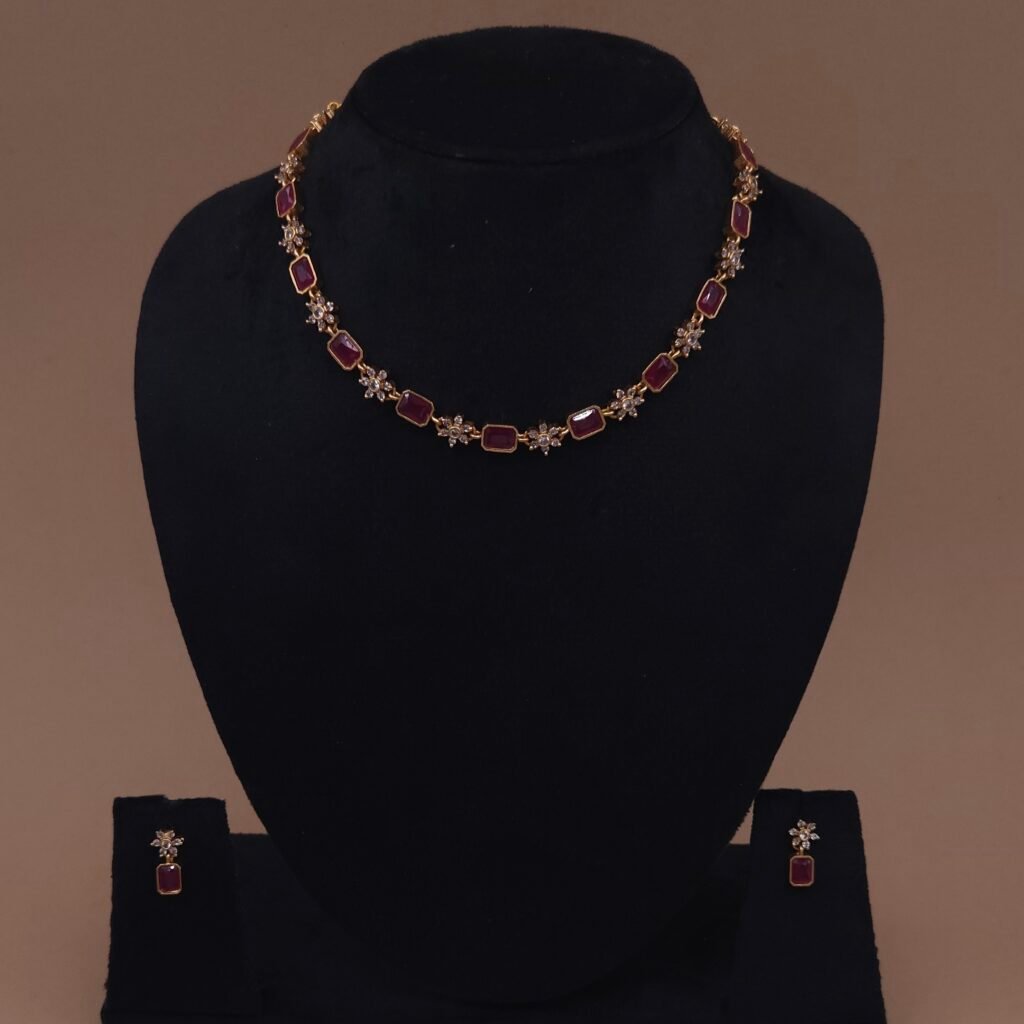 Handmade Brass Ruby CZ Floral Choker Set - Anti-Tarnish