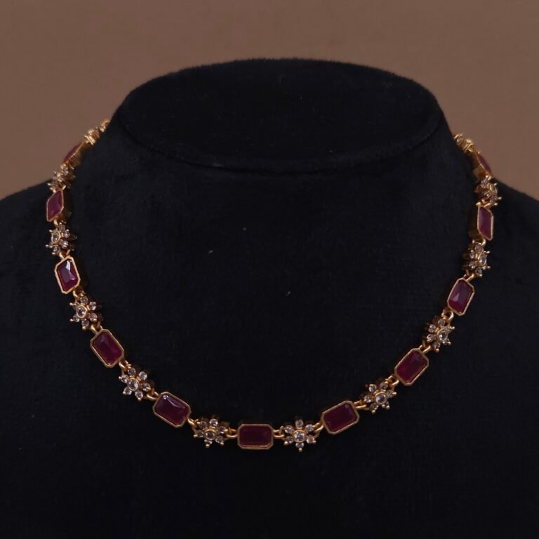Handmade Brass Ruby CZ Floral Choker Set - Anti-Tarnish