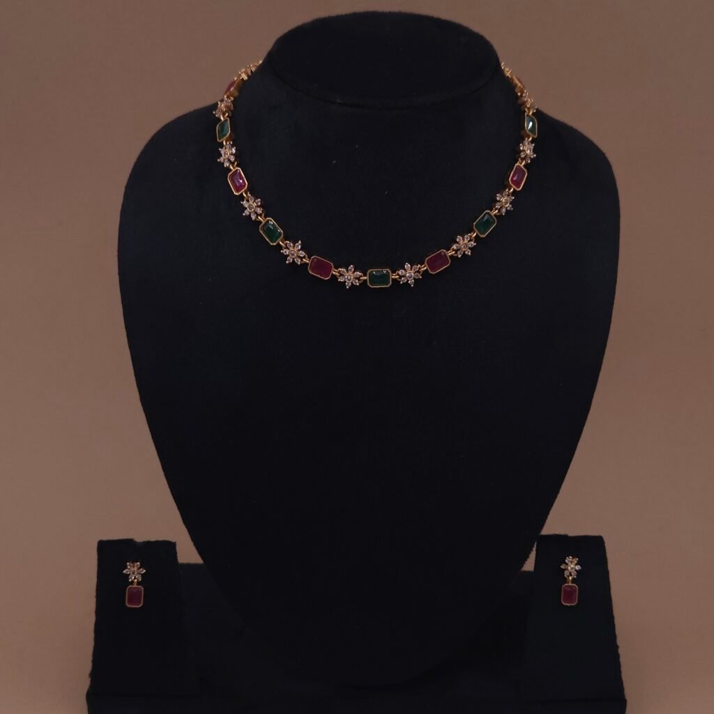 Handmade Brass Ruby Emerald CZ Choker Set - Anti-Tarnish