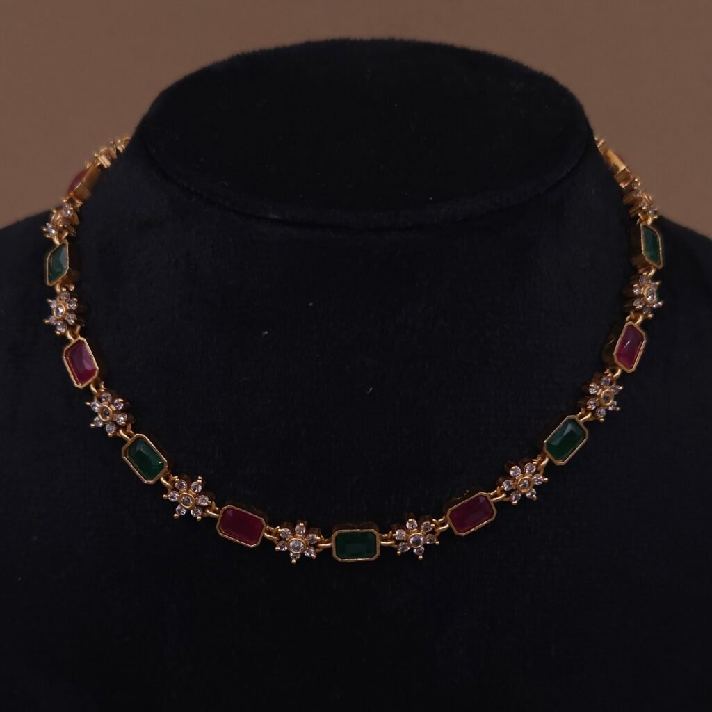 Handmade Brass Ruby Emerald CZ Choker Set - Anti-Tarnish