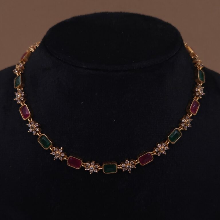 Handmade Brass Ruby Emerald CZ Choker Set - Anti-Tarnish