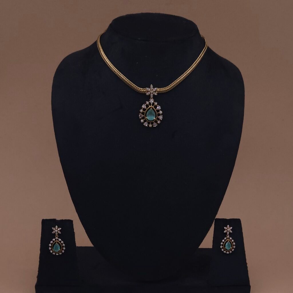 Handmade Brass Choker Green CZ Motif Necklace Set - Anti-Tarnish