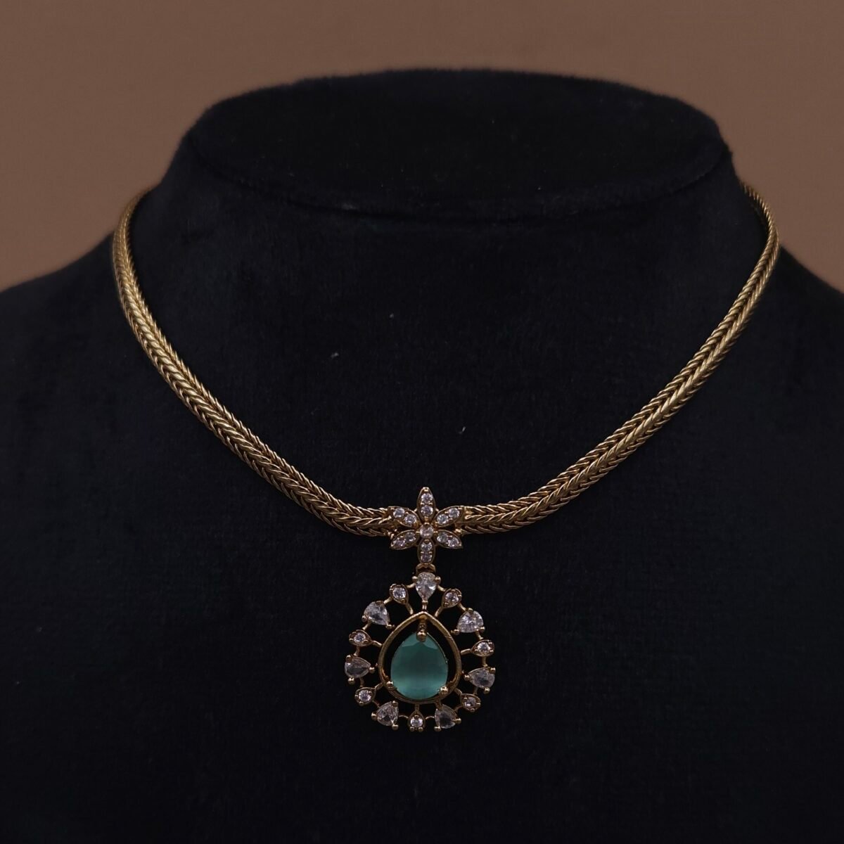 Handmade Brass Choker Green CZ Motif Necklace Set - Anti-Tarnish
