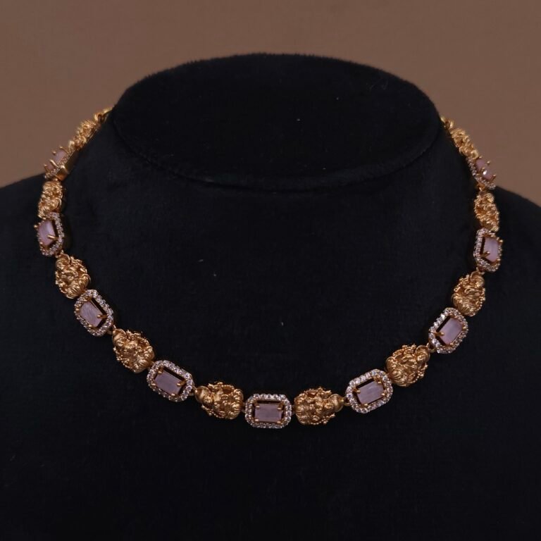 Handmade Brass Antique Rectangular Stone Necklace Set - Anti-Tarnish