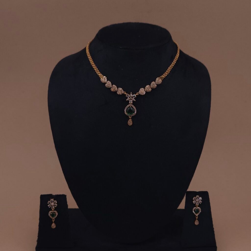 Handmade Brass Green Stone CZ Necklace Set - Anti-Tarnish