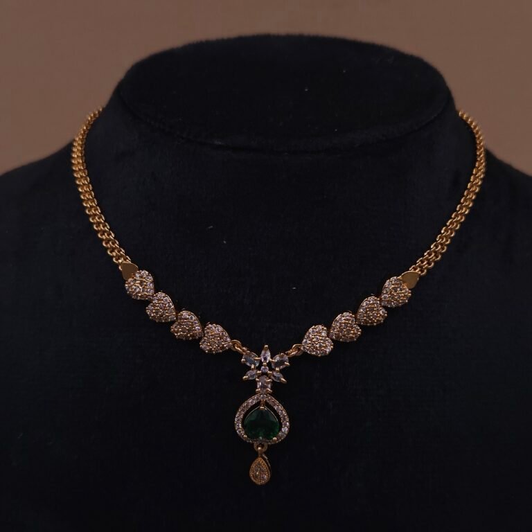 Handmade Brass Green Stone CZ Necklace Set - Anti-Tarnish