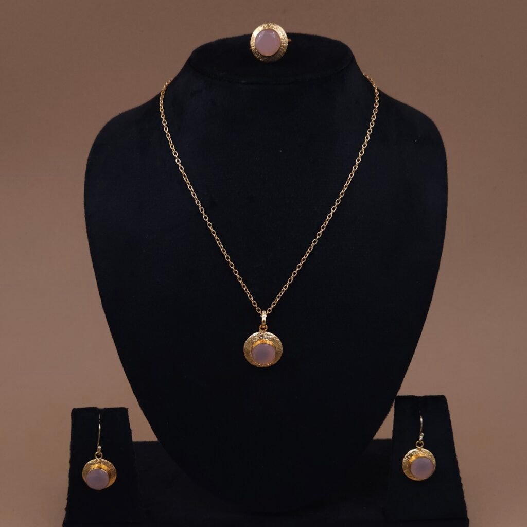 Handmade Brass Pink Stone Round Set - Anti-Tarnish