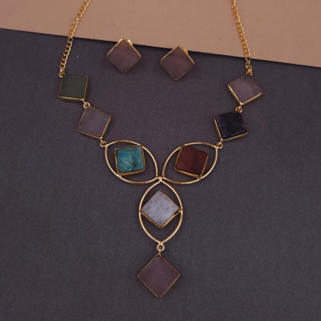 Handmade Brass Geometric Multicolor Stone Necklace Set - Anti-Tarnish