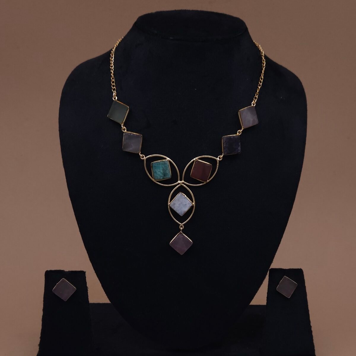 Handmade Brass Geometric Multicolor Stone Necklace Set - Anti-Tarnish