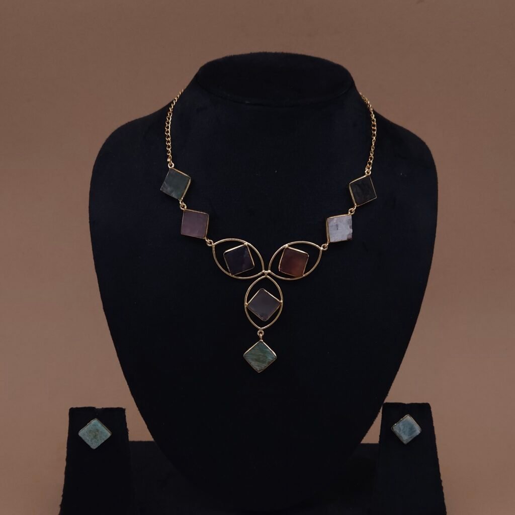 Handmade Brass Geometric Multicolor Natural Stone Necklace Set | Anti-Tarnish