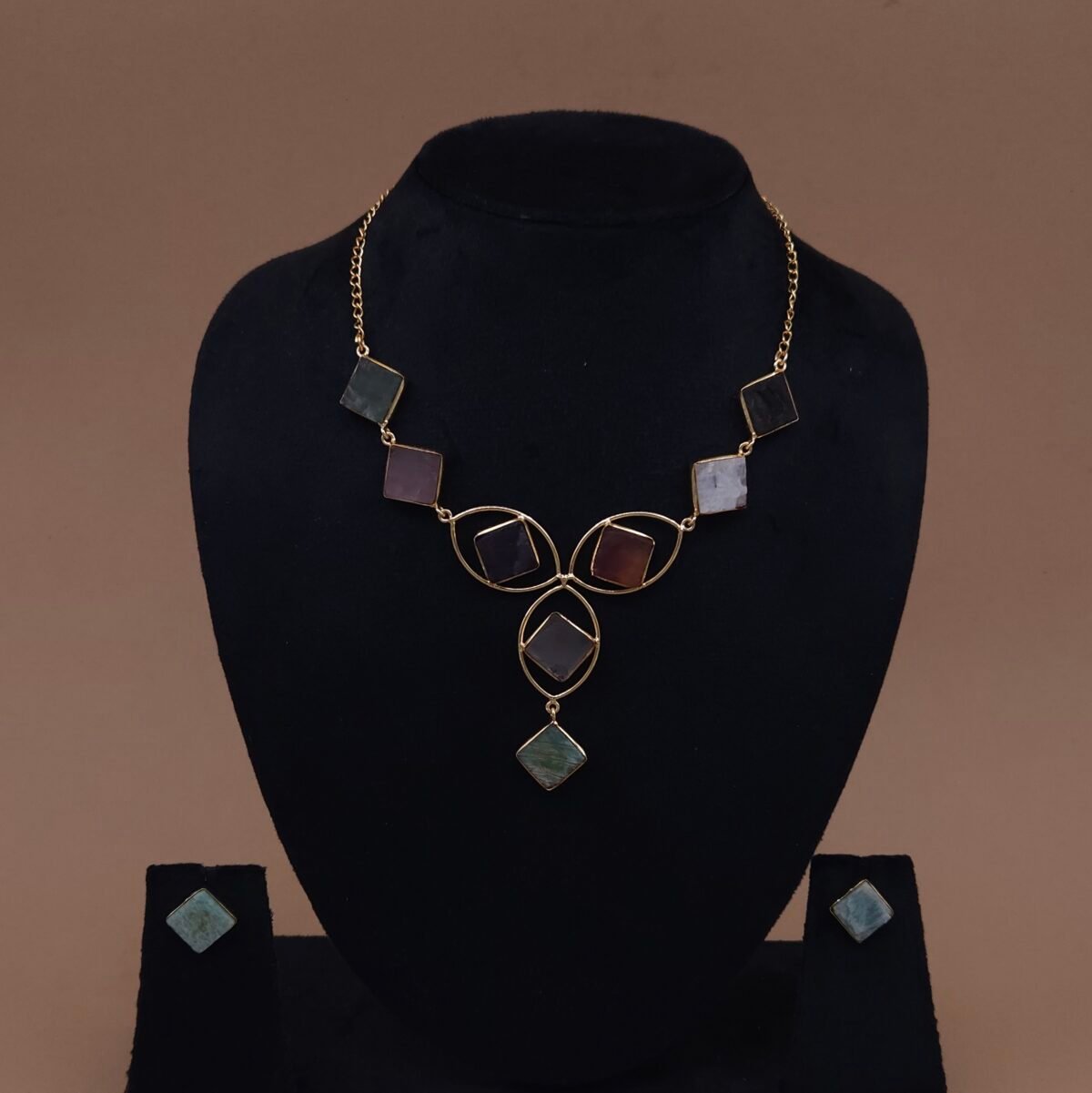 Handmade Brass Geometric Multicolor Natural Stone Necklace Set | Anti-Tarnish