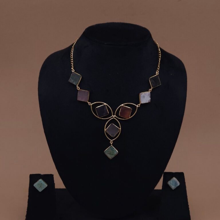 Handmade Brass Geometric Multicolor Natural Stone Necklace Set | Anti-Tarnish
