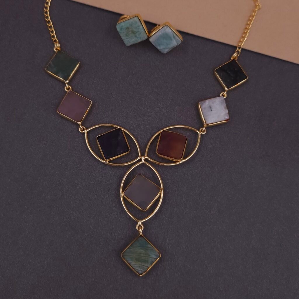 Handmade Brass Geometric Multicolor Natural Stone Necklace Set | Anti-Tarnish