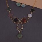 Handmade Brass Geometric Multicolor Natural Stone Necklace Set | Anti-Tarnish