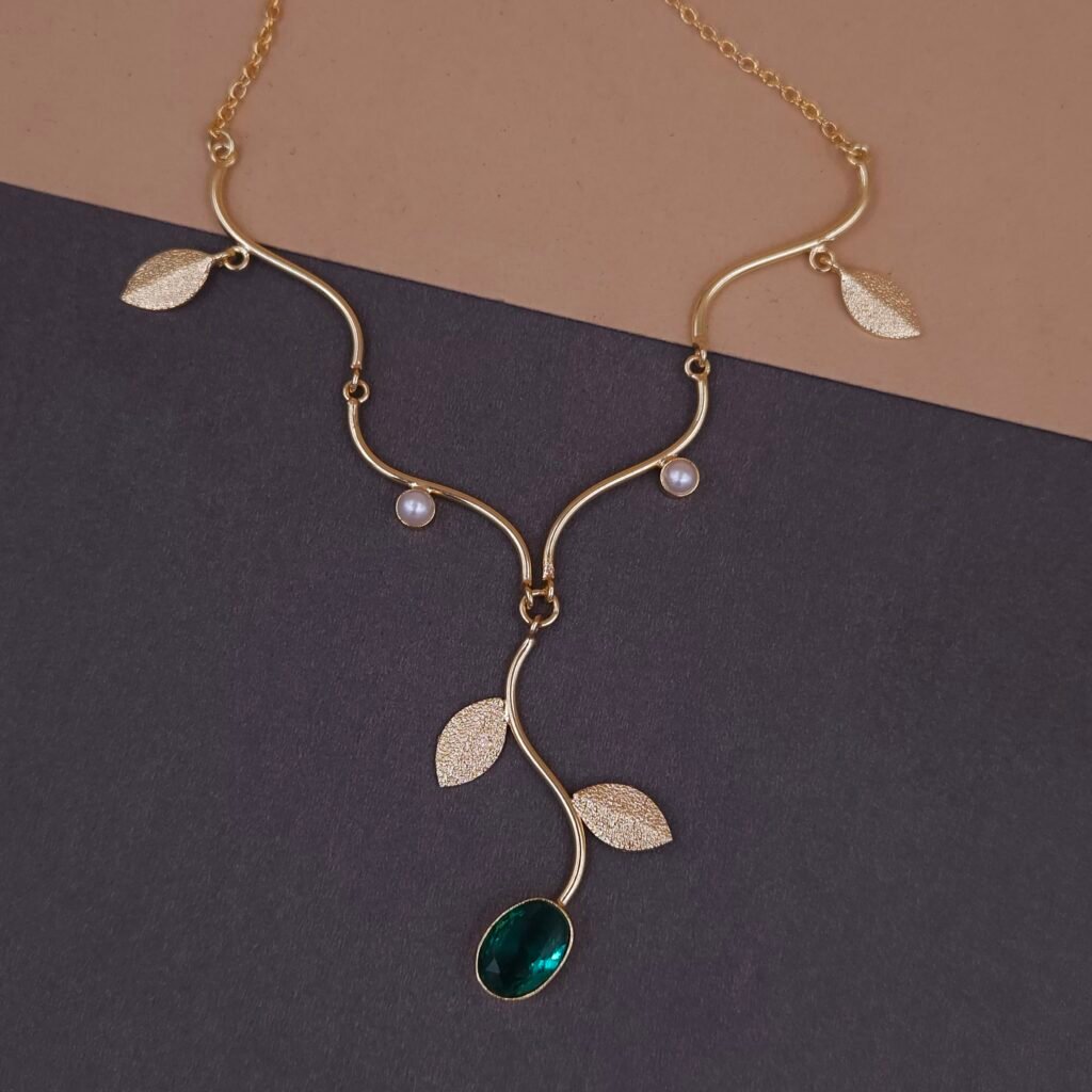 Handmade Brass Leaf Pearl Green Stone Necklace - Anti-Tarnish