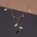 Handmade Brass Leaf Pearl Green Stone Necklace - Anti-Tarnish