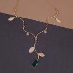 Handmade Brass Leaf Pearl Green Stone Necklace - Anti-Tarnish