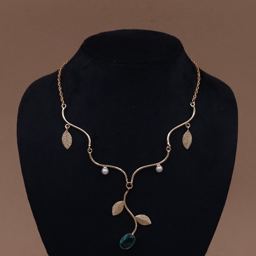 Handmade Brass Leaf Pearl Green Stone Necklace - Anti-Tarnish