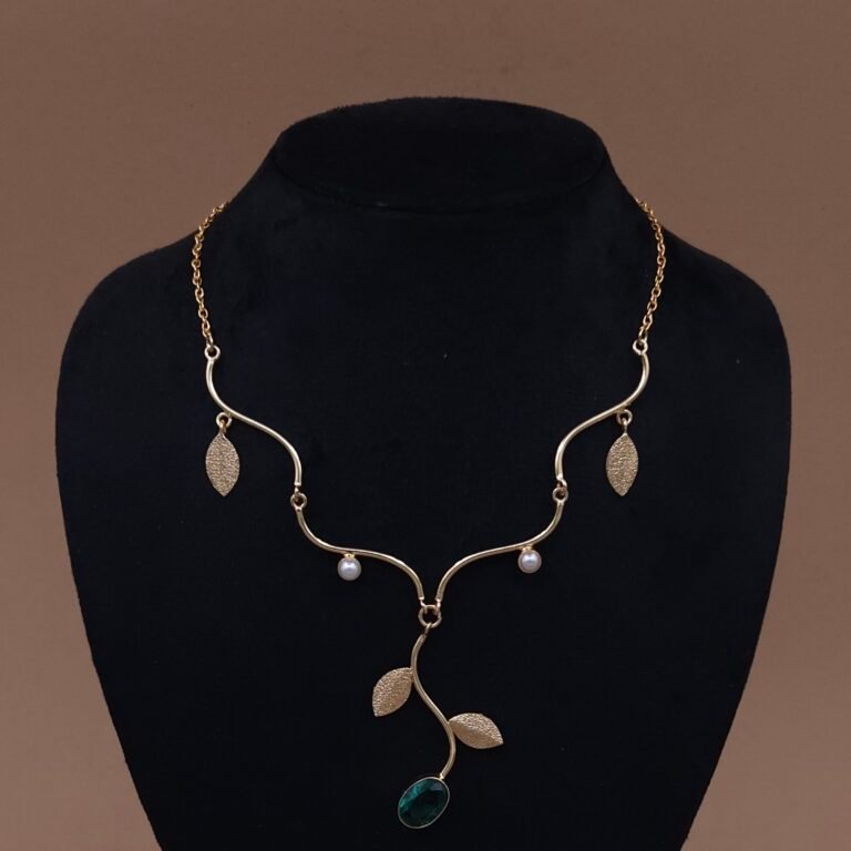 Handmade Brass Leaf Pearl Green Stone Necklace - Anti-Tarnish