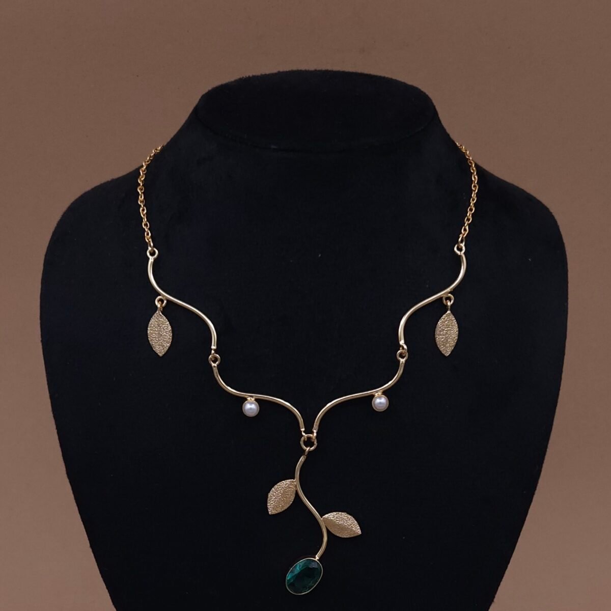Handmade Brass Leaf Pearl Green Stone Necklace - Anti-Tarnish