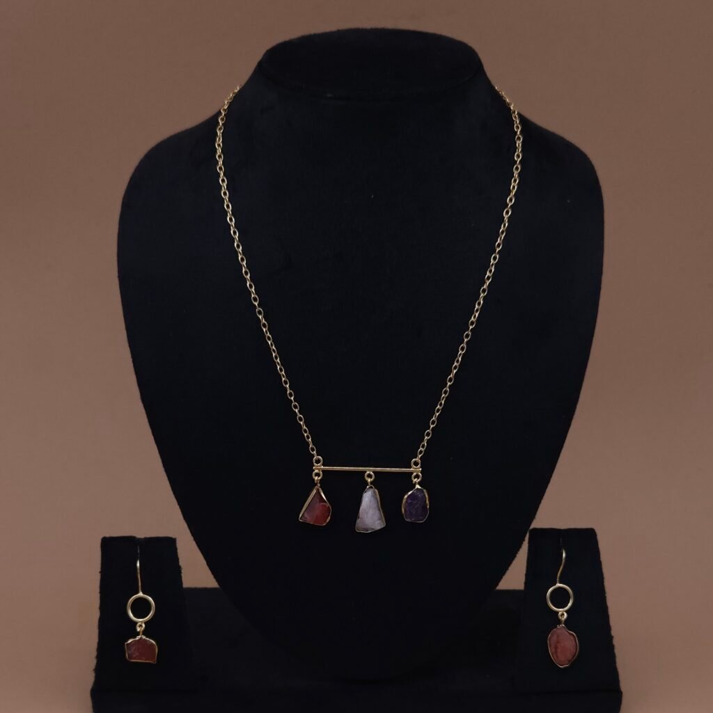 Handmade Brass Bar Trio Natural Stone Necklace Set | Anti-Tarnish