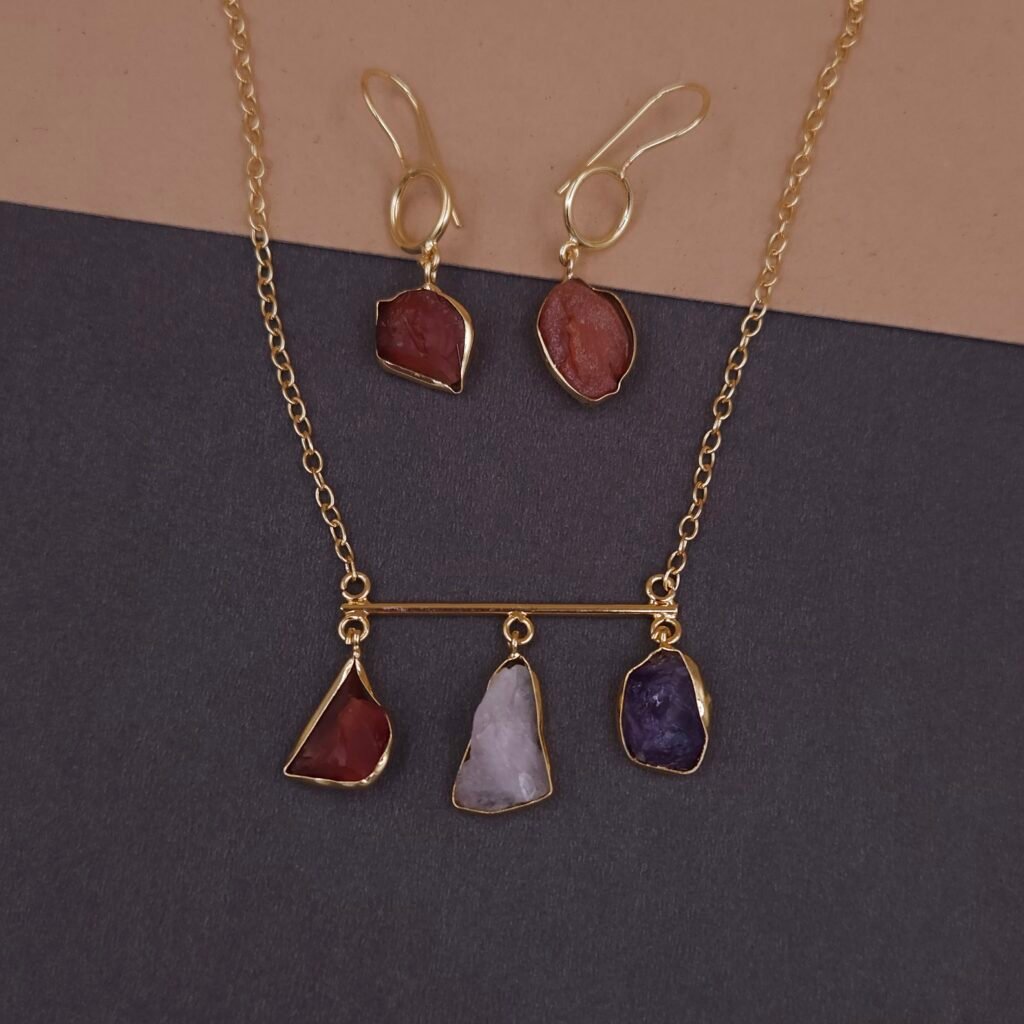 Handmade Brass Bar Trio Natural Stone Necklace Set | Anti-Tarnish