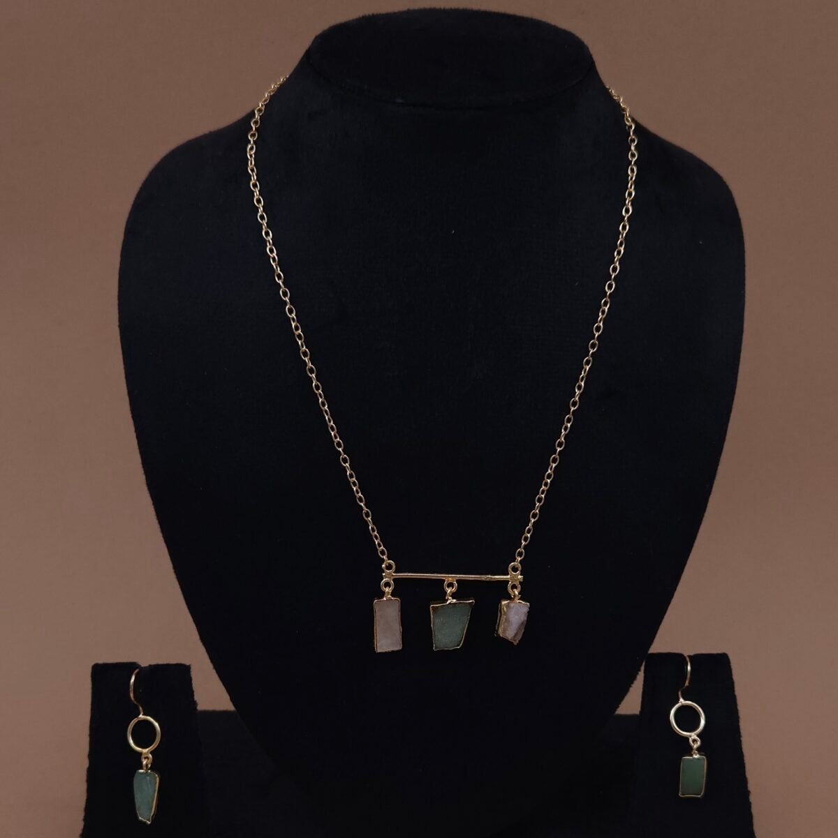 Handmade Brass Bar Natural Stone Trio Necklace Set - Anti-Tarnish