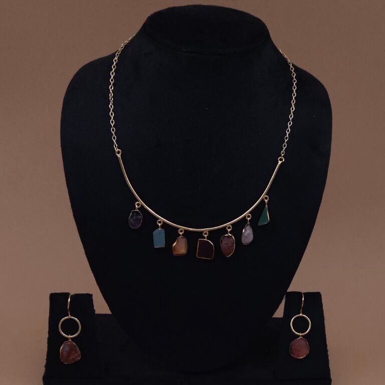 Handmade Brass Multicolor Natural Stone Charm Necklace Set - Anti-Tarnish