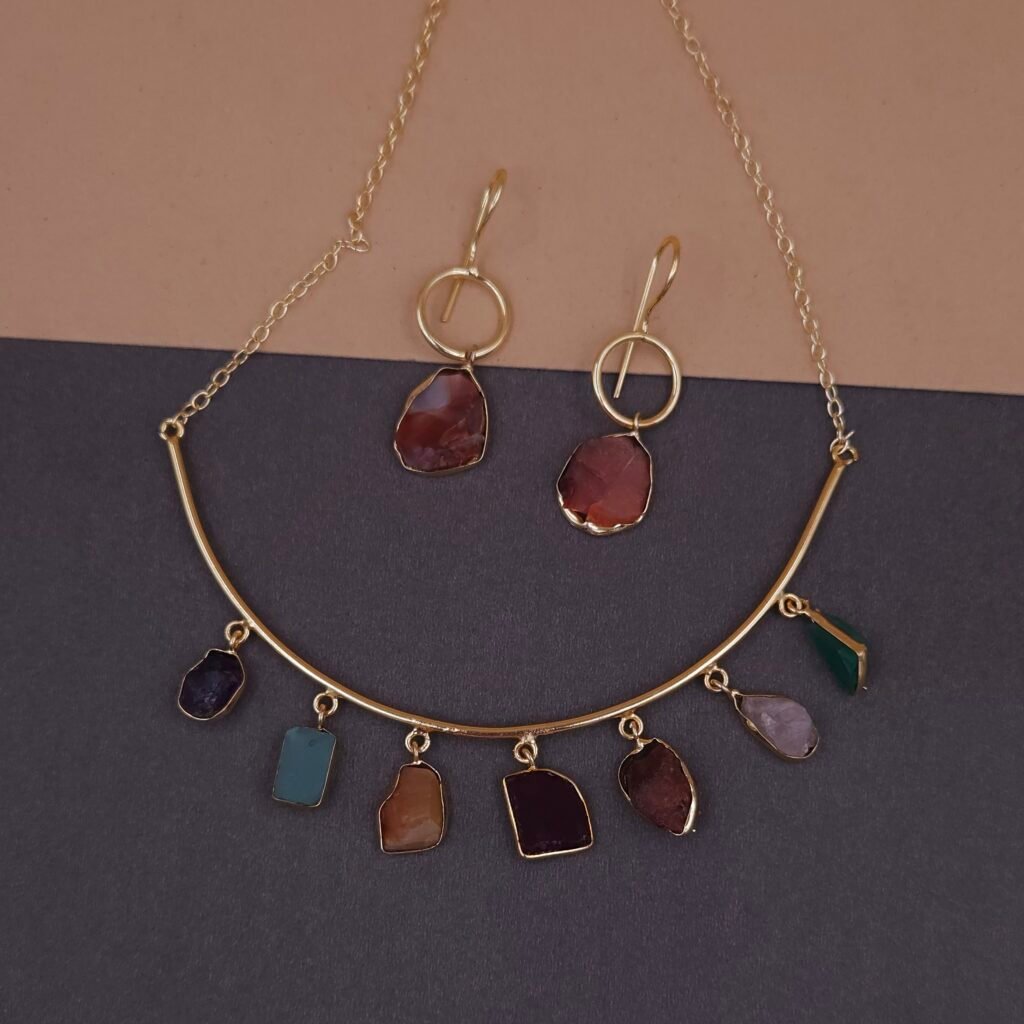 Handmade Brass Multicolor Natural Stone Charm Necklace Set - Anti-Tarnish