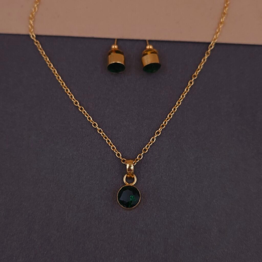 Handmade Brass Minimalist Green Stone Pendant Set - Anti-Tarnish