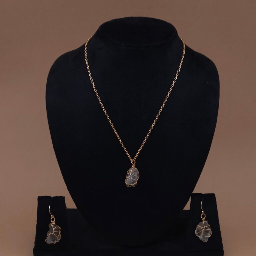 Handmade Brass Wire-Wrapped Natural Crystal Pendant Set | Anti-Tarnish