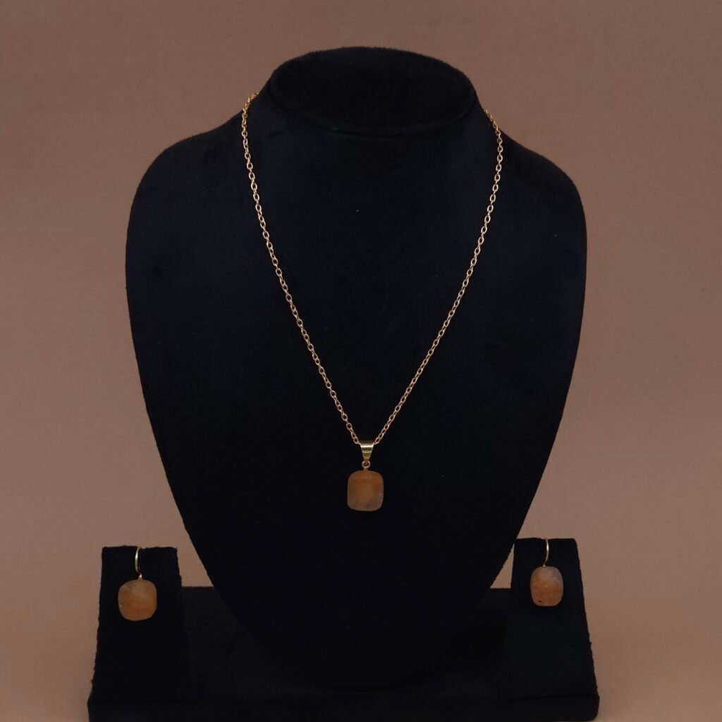 Handmade Brass Orange Natural Stone Pendant Set | Anti-Tarnish