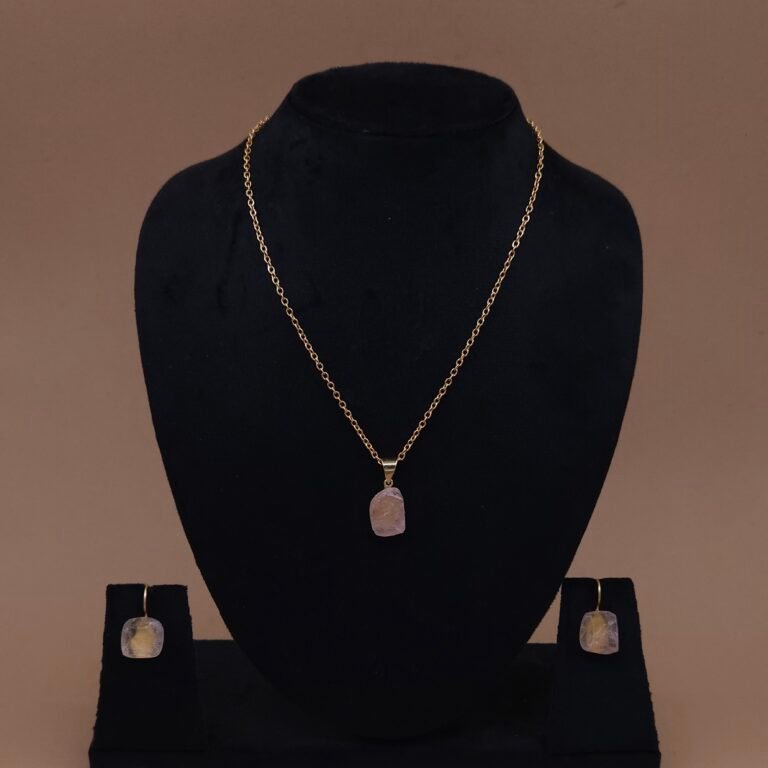 Handmade Brass Light Pink Natural Stone Pendant Set | Anti-Tarnish