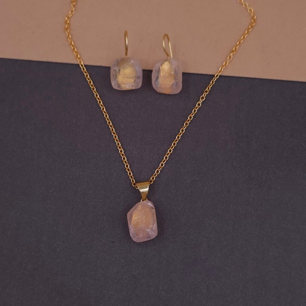 Handmade Brass Light Pink Natural Stone Pendant Set | Anti-Tarnish