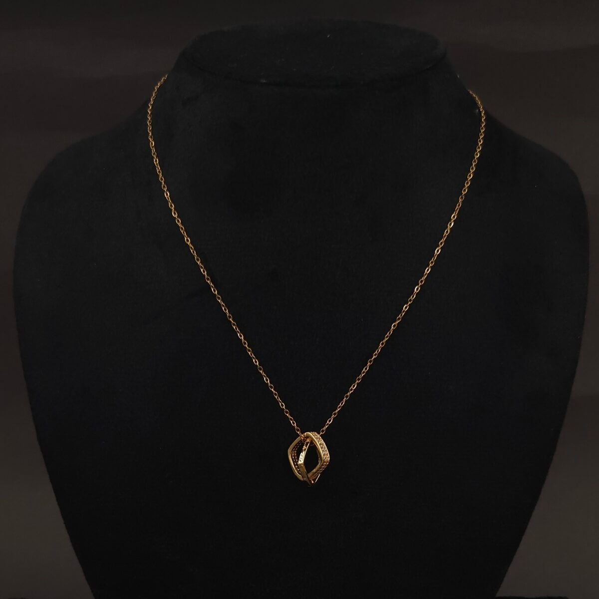 Stainless Steel Linked Square Pendant Necklace - Anti-Tarnish Gold Finish