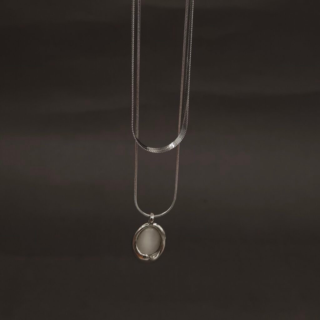 Stainless Steel Layered Snake Chain Necklace with Stone Pendant - Anti-Tarnish