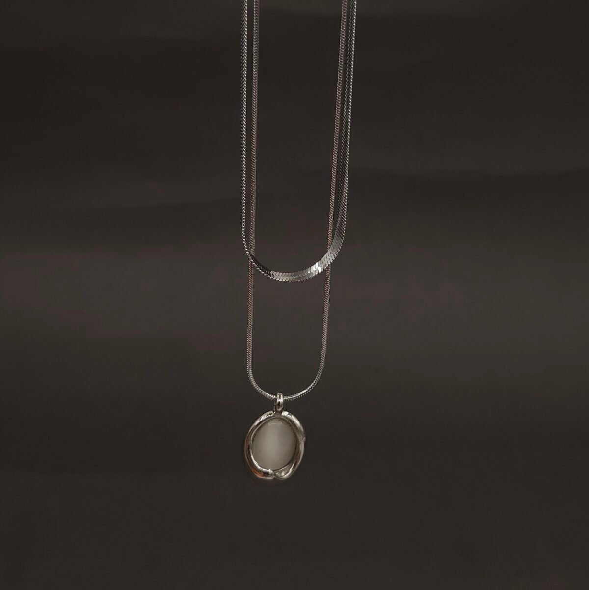 Stainless Steel Layered Snake Chain Necklace with Stone Pendant - Anti-Tarnish