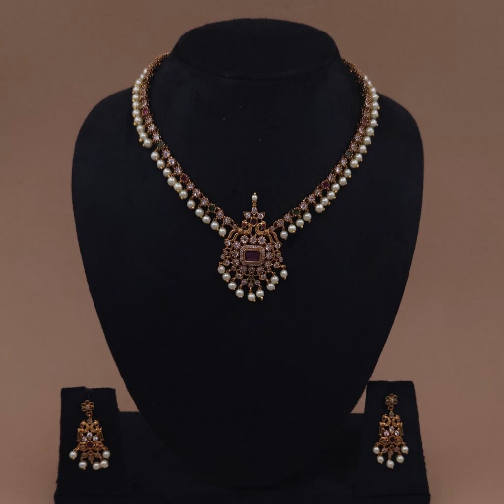 Handmade Brass Antique Ruby Pearl Motif Necklace Set - Anti-Tarnish